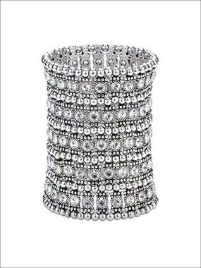 Rhinestone Stretch Cuff Bracelet Antique Silver Plated Elastic Bangle Gift Box